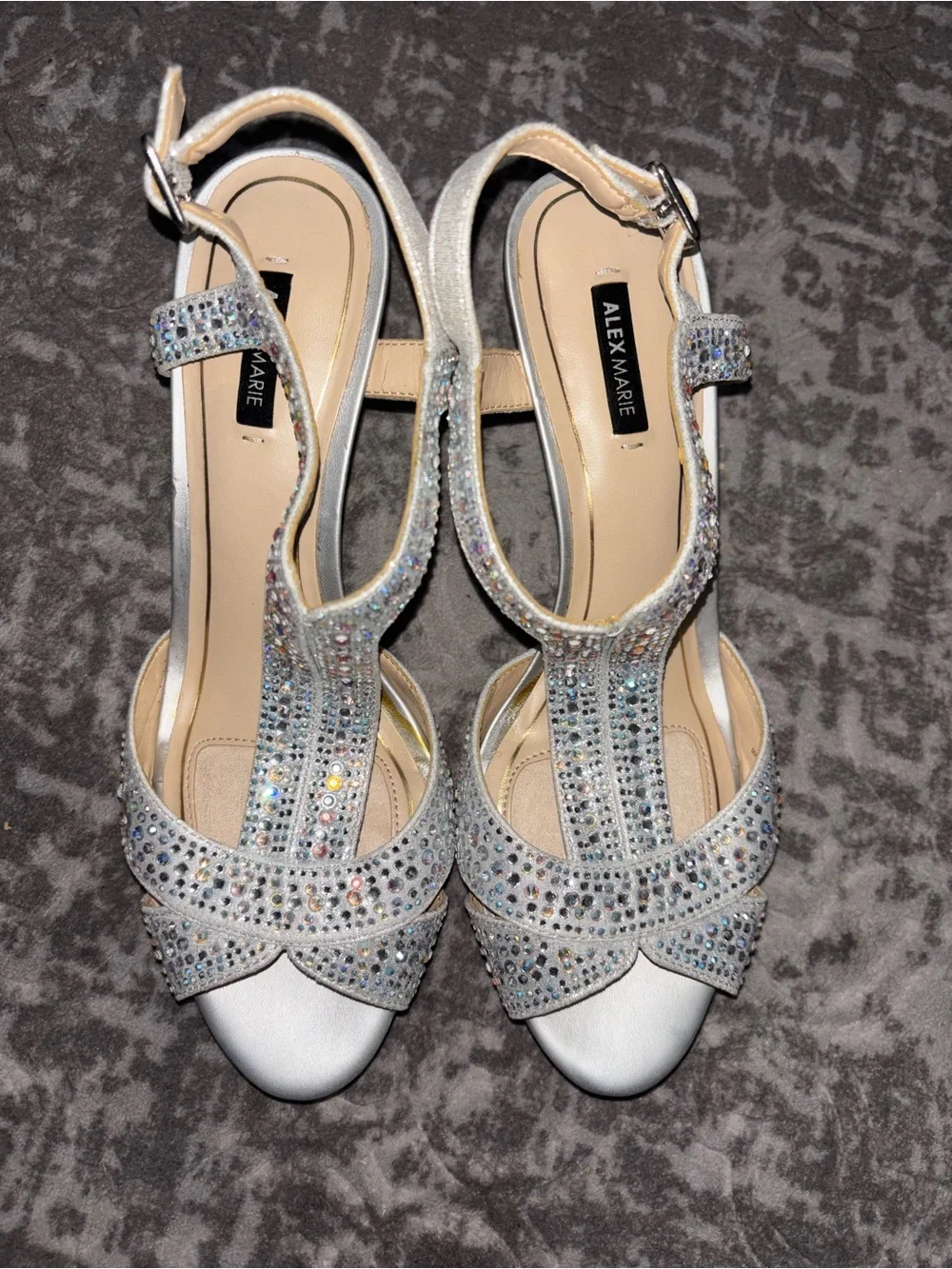 Alex Marie Silver Crystal Embellished T-Strap Heels